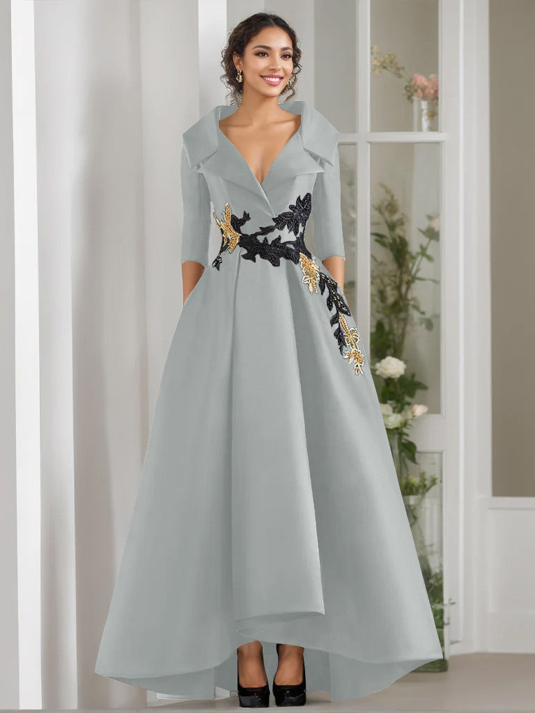 3/4 Sleeves Beading V-Neck A-Line Princess Mother of the Bride Dress with Appliques