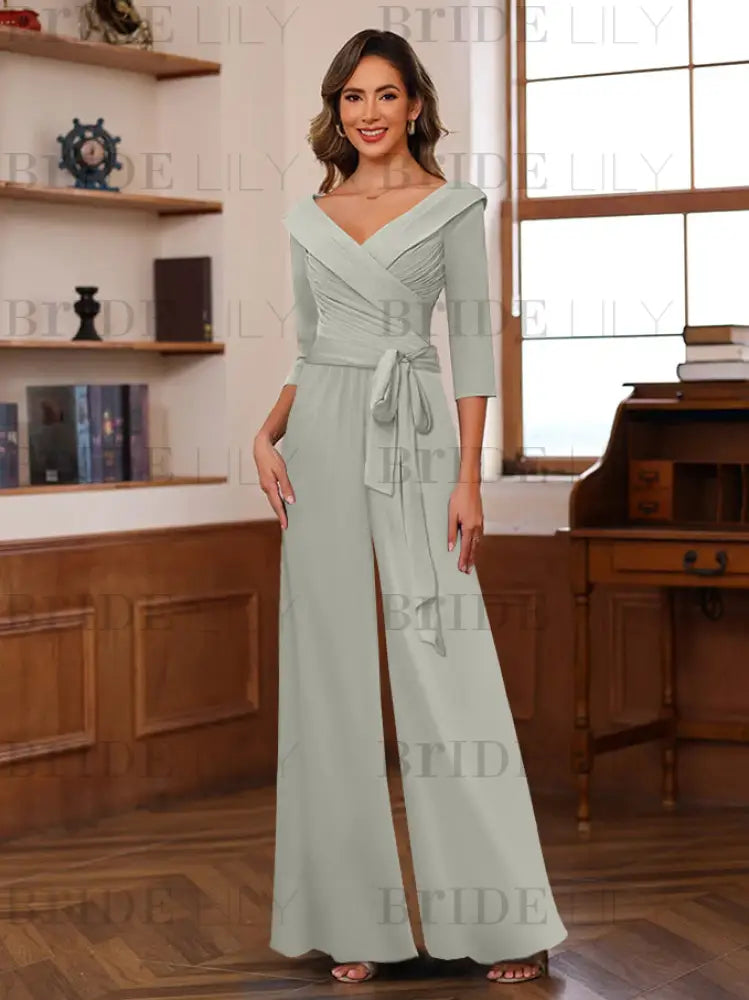 3/4 Sleeves V-Neck Chiffon Mother of the Bride Jumpsuit Pleated Women Wear Outfit