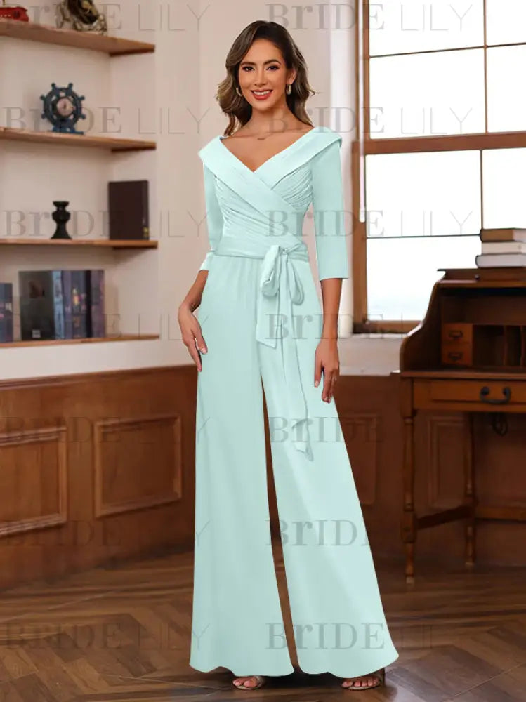 3/4 Sleeves V-Neck Chiffon Mother of the Bride Jumpsuit Pleated Women Wear Outfit