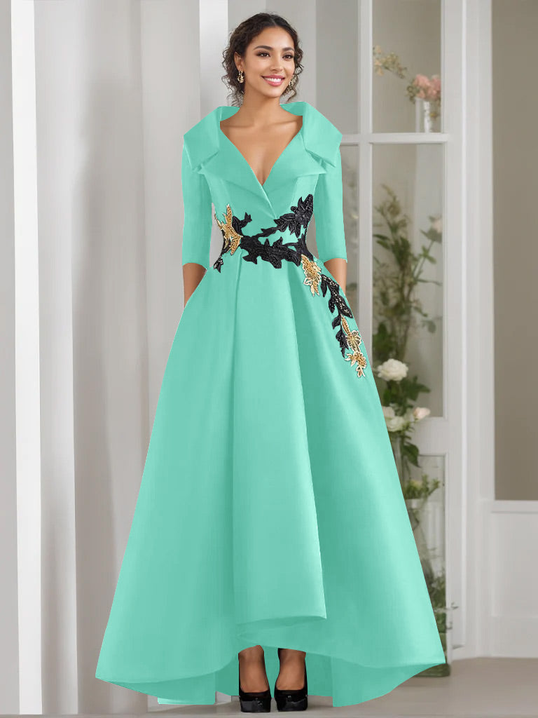 3/4 Sleeves Beading V-Neck A-Line Princess Mother of the Bride Dress with Appliques