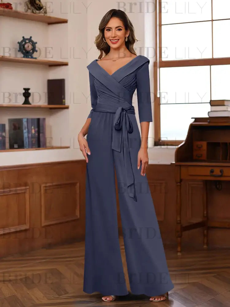 3/4 Sleeves V-Neck Chiffon Mother of the Bride Jumpsuit Pleated Women Wear Outfit