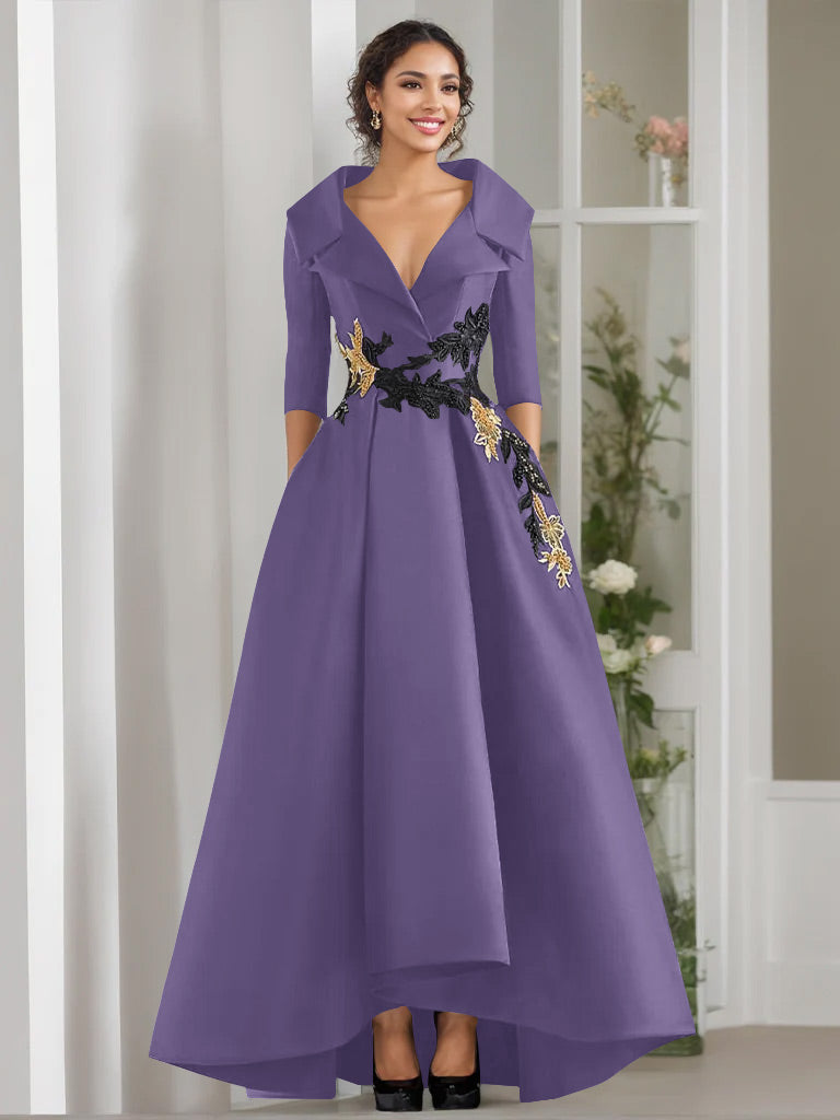 3/4 Sleeves Beading V-Neck A-Line Princess Mother of the Bride Dress with Appliques