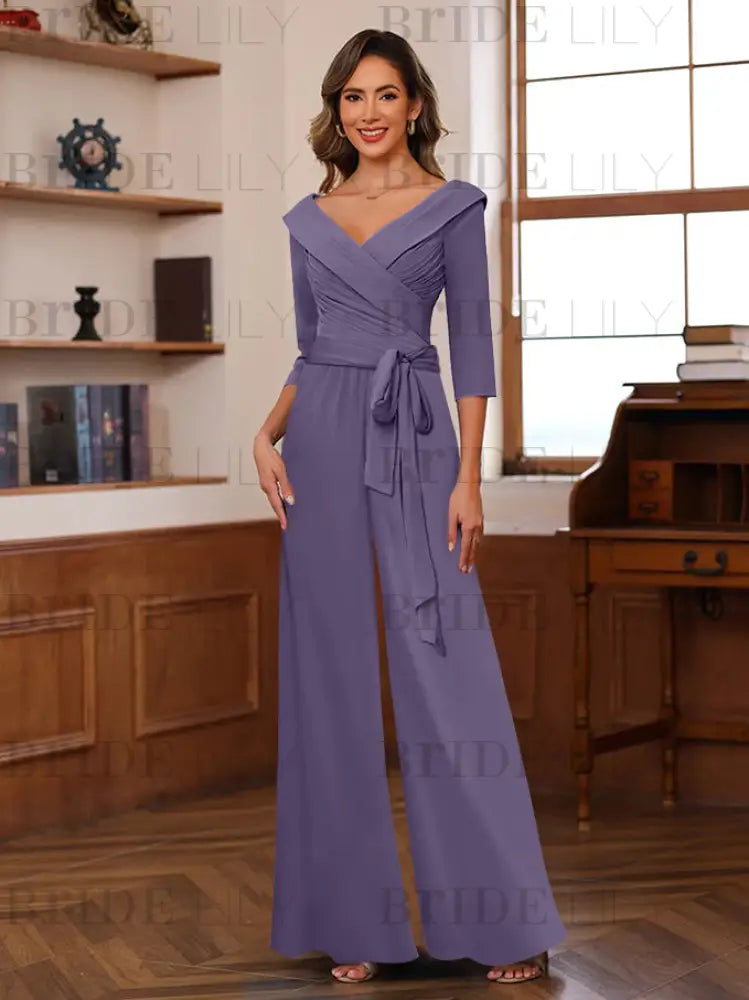 3/4 Sleeves V-Neck Chiffon Mother of the Bride Jumpsuit Pleated Women Wear Outfit