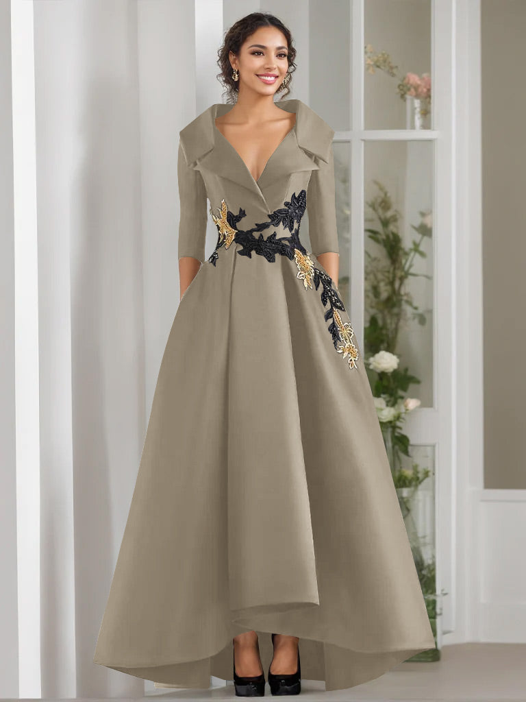 3/4 Sleeves Beading V-Neck A-Line Princess Mother of the Bride Dress with Appliques