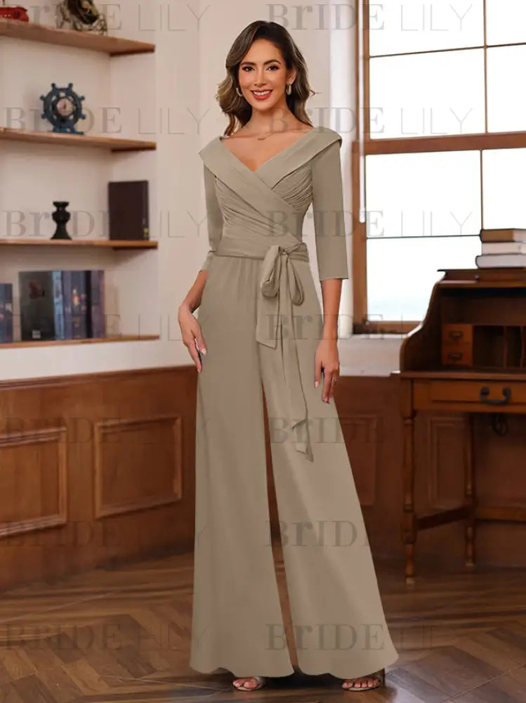 3/4 Sleeves V-Neck Chiffon Mother of the Bride Jumpsuit Pleated Women Wear Outfit