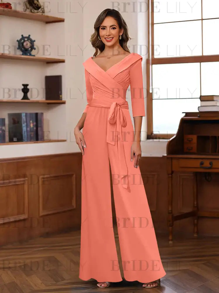 3/4 Sleeves V-Neck Chiffon Mother of the Bride Jumpsuit Pleated Women Wear Outfit