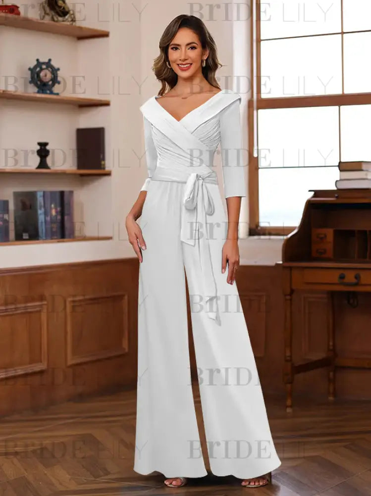 3/4 Sleeves V-Neck Chiffon Mother of the Bride Jumpsuit Pleated Women Wear Outfit