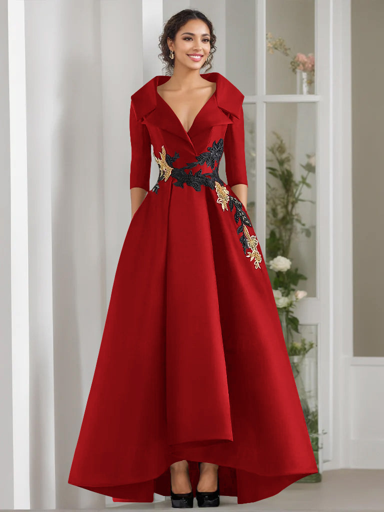 3/4 Sleeves Beading V-Neck A-Line Princess Mother of the Bride Dress with Appliques