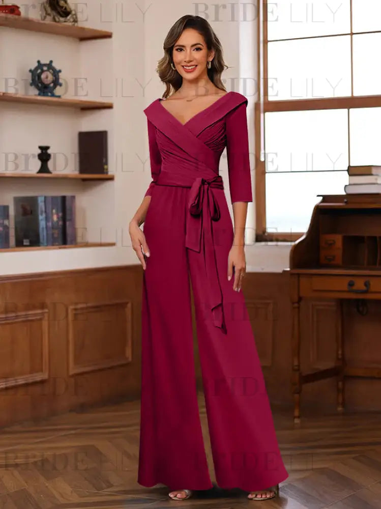 3/4 Sleeves V-Neck Chiffon Mother of the Bride Jumpsuit Pleated Women Wear Outfit