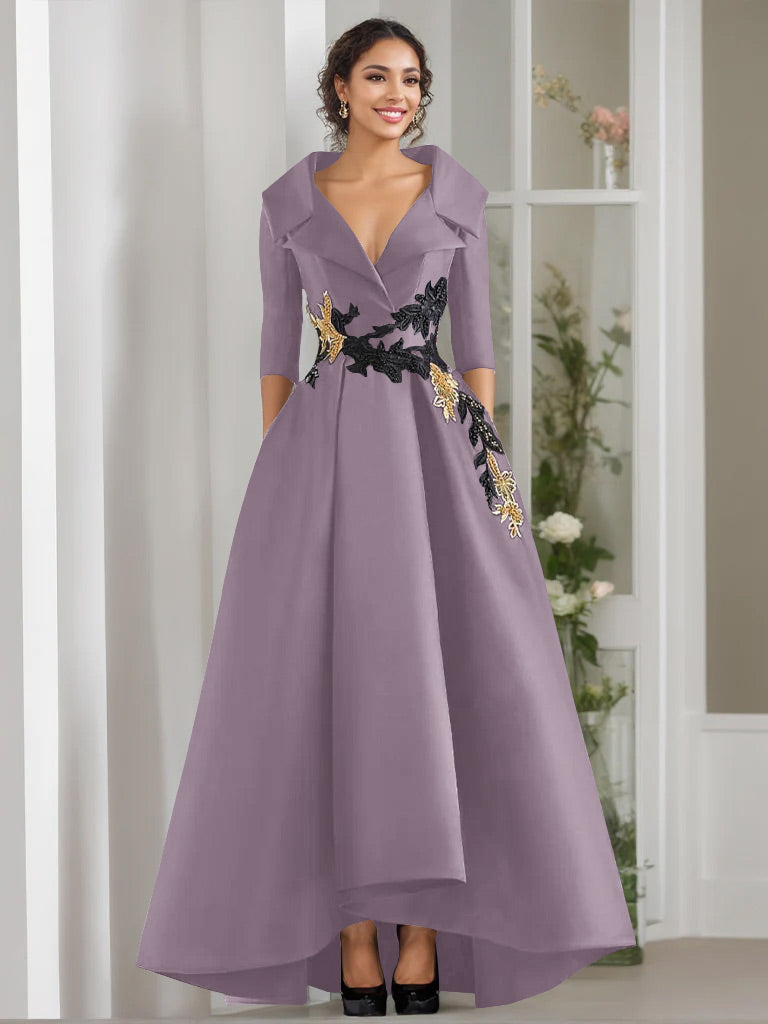3/4 Sleeves Beading V-Neck A-Line Princess Mother of the Bride Dress with Appliques