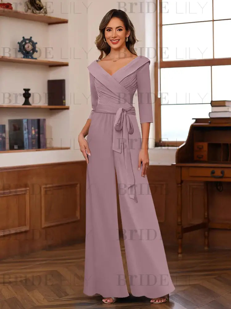 3/4 Sleeves V-Neck Chiffon Mother of the Bride Jumpsuit Pleated Women Wear Outfit