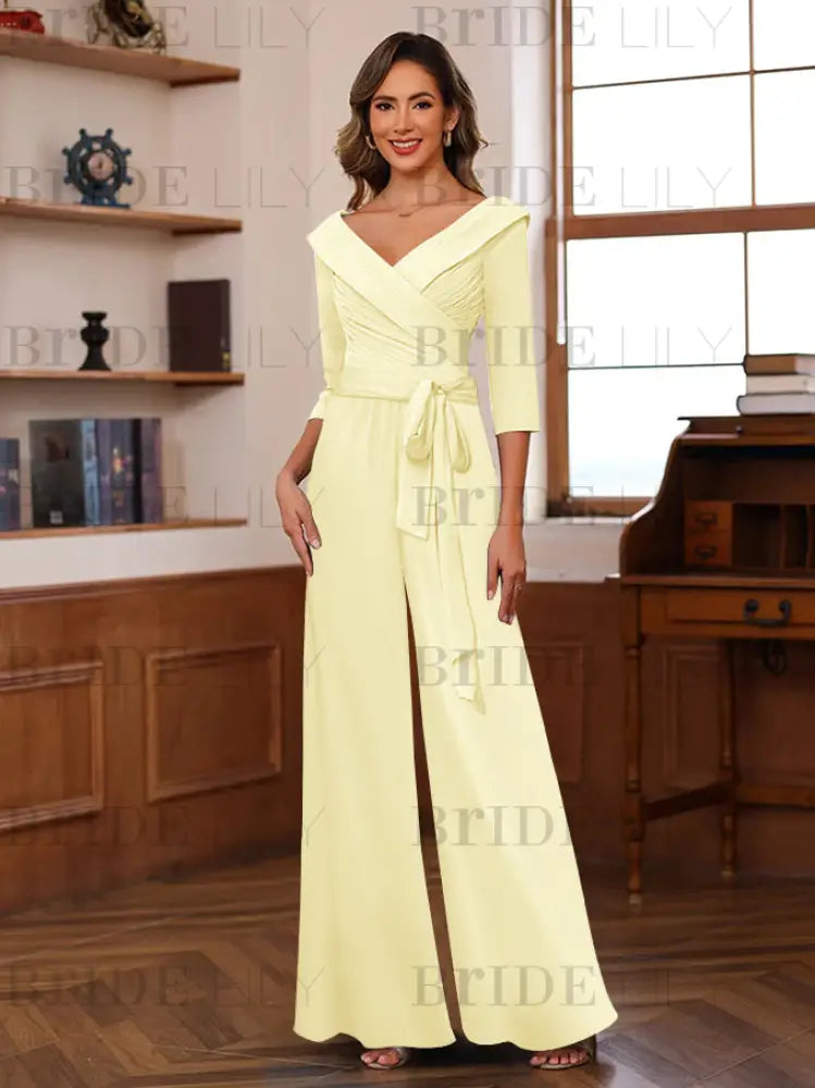 3/4 Sleeves V-Neck Chiffon Mother of the Bride Jumpsuit Pleated Women Wear Outfit