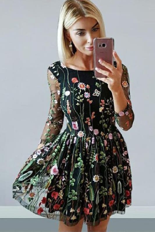A Line 3D Lace Homecoming Long Sleeves Cute Prom Dress with Flowers