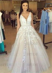 A Line Applique Tulle Prom Long V Neck Sleeveless Party Dress with Beading