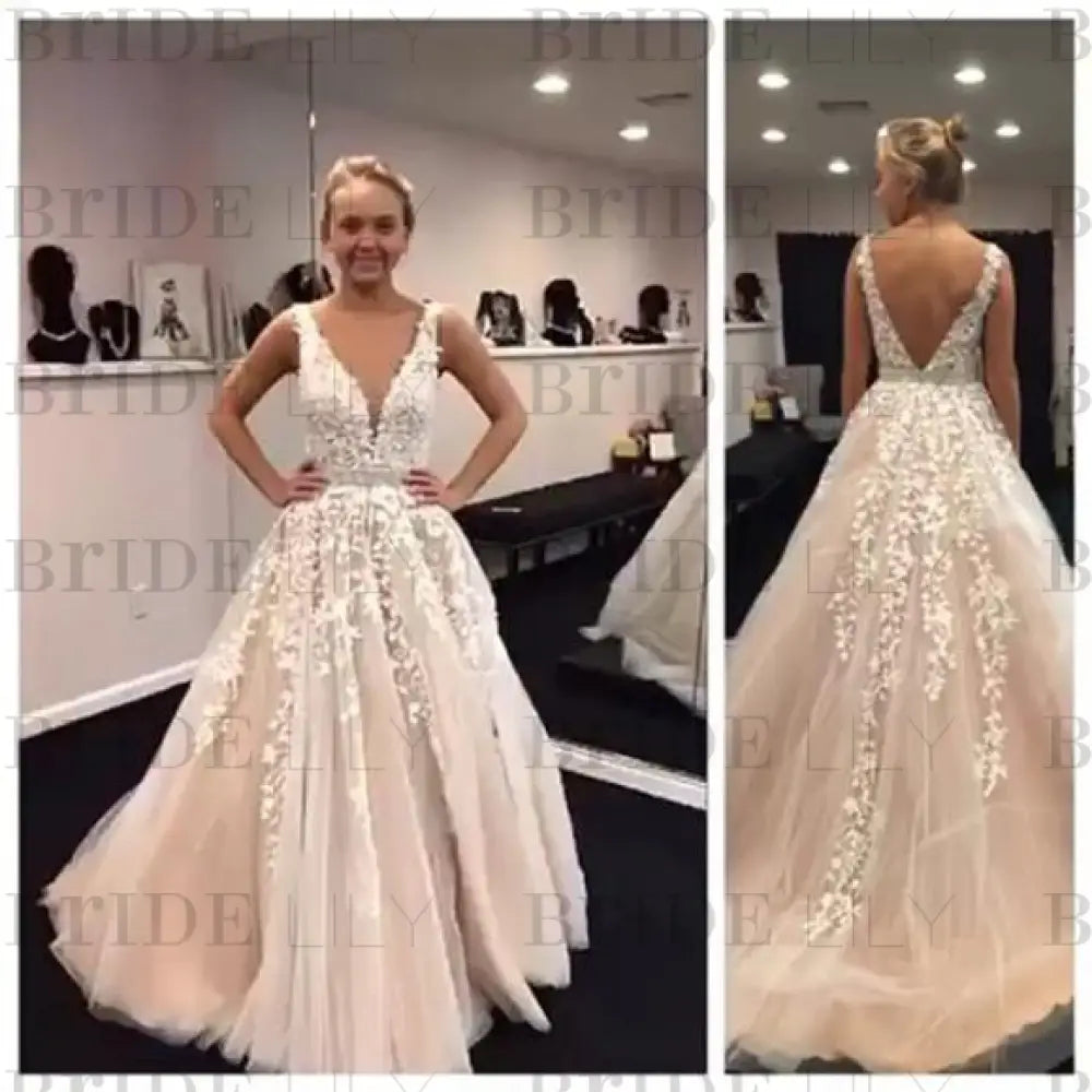 A Line Applique Tulle Prom Long V Neck Sleeveless Party Dress with Beading