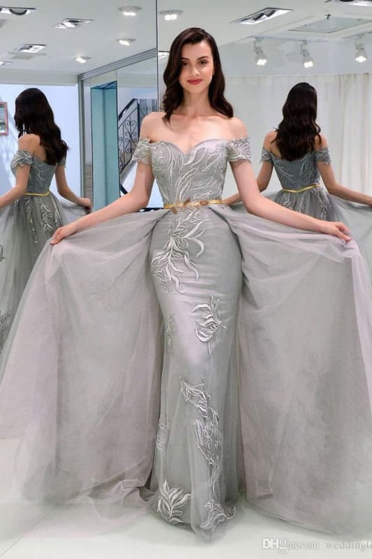 A-Line Appliques Off-the-Shoulder Gray Evening With Sashes Long Tulle Prom Dress