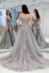 A-Line Appliques Off-the-Shoulder Gray Evening With Sashes Long Tulle Prom Dress