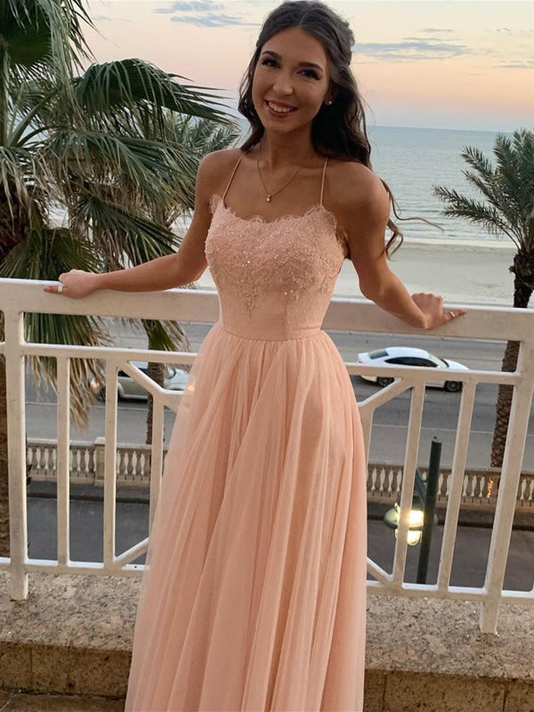 A Line Backless Pink Lace Long Prom Dresses Sleeveless Formal Evening Dresses