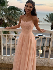 A Line Backless Pink Lace Long Prom Dresses Sleeveless Formal Evening Dresses