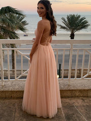 A Line Backless Pink Lace Long Prom Dresses Sleeveless Formal Evening Dresses