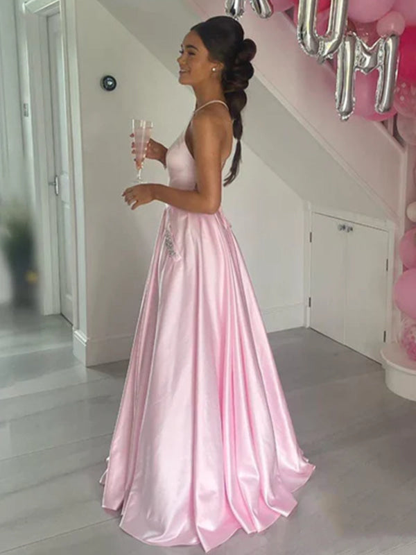 A Line Backless Pink Satin Long Prom Dresses with Pocket, Long Pink Formal Graduation Evening Dresses