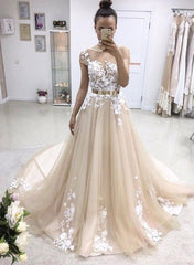 A-line Bateau Lace Appliqued Gold Sash Short Sleeves Wedding Dress