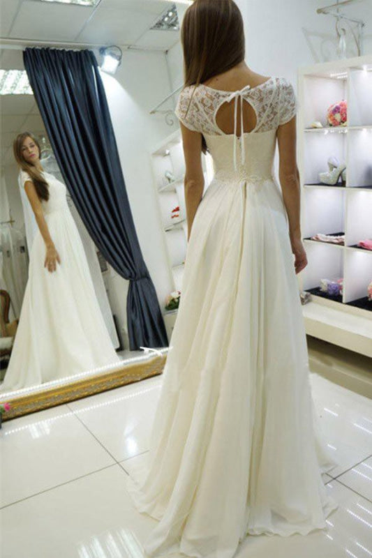 A-line Beach Gown Sweep Train Cap Sleeves Wedding Dress