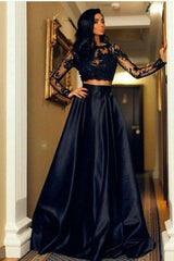 A-line Black Two Piece Long Sleeve Floor Length Satin Evening Dress
