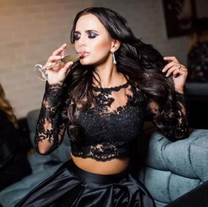 A-line Black Two Piece Long Sleeve Floor Length Satin Evening Dress