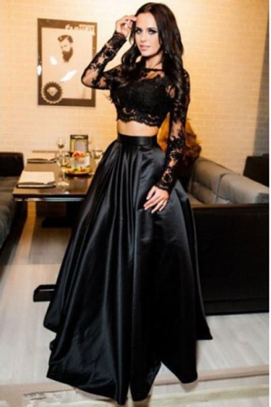 A-line Black Two Piece Long Sleeve Floor Length Satin Evening Dress with Lace
