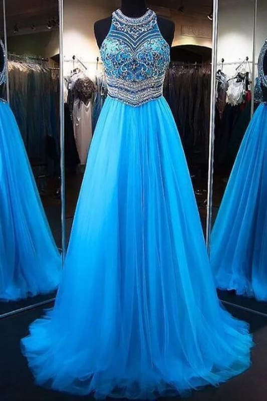 A-Line Blue Jewel Sleeveless Beading Tulle Dresses Sweep Train Party Dress