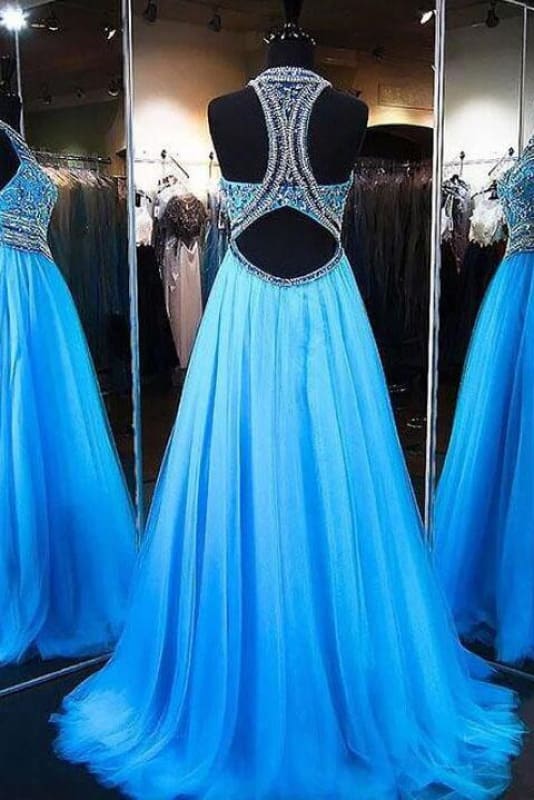 A-Line Blue Jewel Sleeveless Beading Tulle Dresses Sweep Train Party Dress