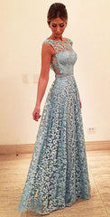 A-line Blue Sleeveless Lace Floor-length Prom Sexy Evening Dresses