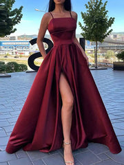 A Line Burgundy/Black/Red Satin Long Prom Dresses with High Slit Spaghetti Straps FormalEvening Dresses