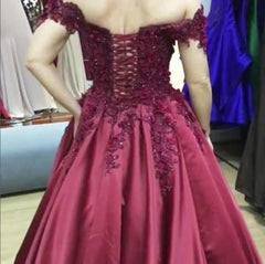 A Line Off the Shoulder Applique Satin Burgundy Prom Dress