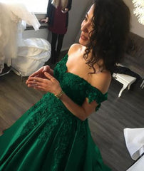 A Line Off the Shoulder Applique Satin Burgundy Prom Dress