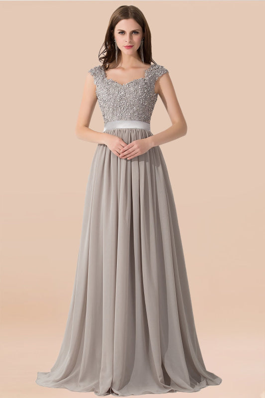 A-line Chiffon Formal Dress Silver Lace Appliques Evening Dress