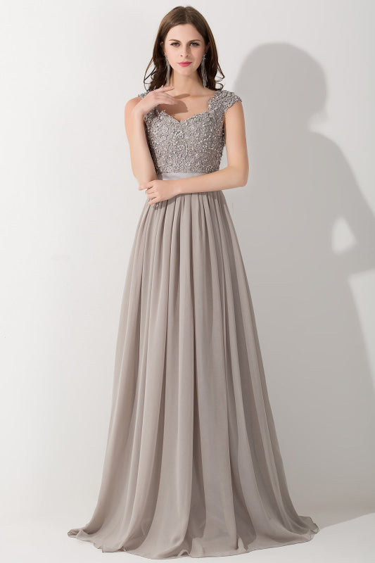 A-line Chiffon Formal Dress Silver Lace Appliques Evening Dress