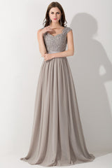 A-line Chiffon Formal Dress Silver Lace Appliques Evening Dress