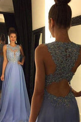 A-line Chiffon Lace Long Prom Round Neck Evening Dress Sequin Formal Dresses