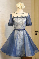A-Line Crew Knee-Length Short Sleeves Lace Homecoming Fashion Graduation Dress