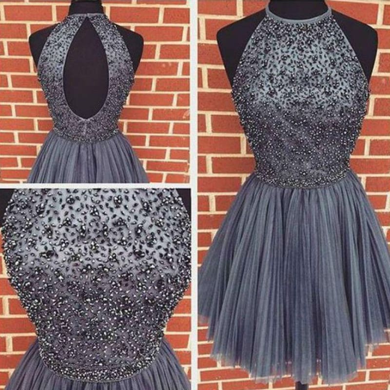 A-line Dark Gray Jewel Sleeveless Beaded Backless Tulle Homecoming Short Party Dress