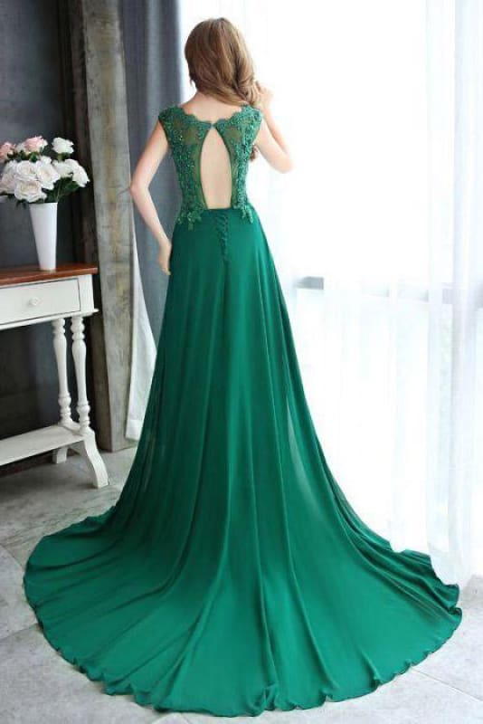 A-line Dark Green Cap Sleeve Scoop Applique Chiffon Long Prom Dress with Beaded