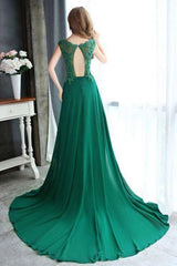 A-line Dark Green Cap Sleeve Scoop Applique Chiffon Long Prom Dress with Beaded