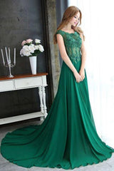 A-line Dark Green Cap Sleeve Scoop Applique Chiffon Long Prom Dress with Beaded