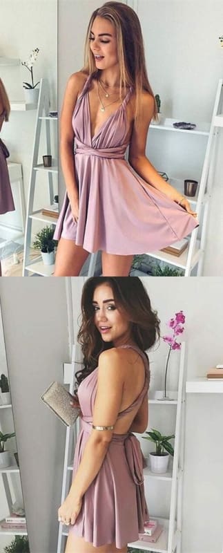 A-Line Deep V-Neck Lace-Up Blush Pink Chiffon Homecoming Sexy Short Party Dress