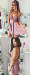 A-Line Deep V-Neck Lace-Up Blush Pink Chiffon Homecoming Sexy Short Party Dress