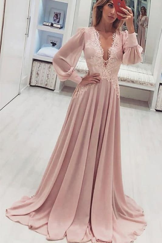 A-Line Deep V-Neck Pink Prom Dress with Appliques Long Sleeves