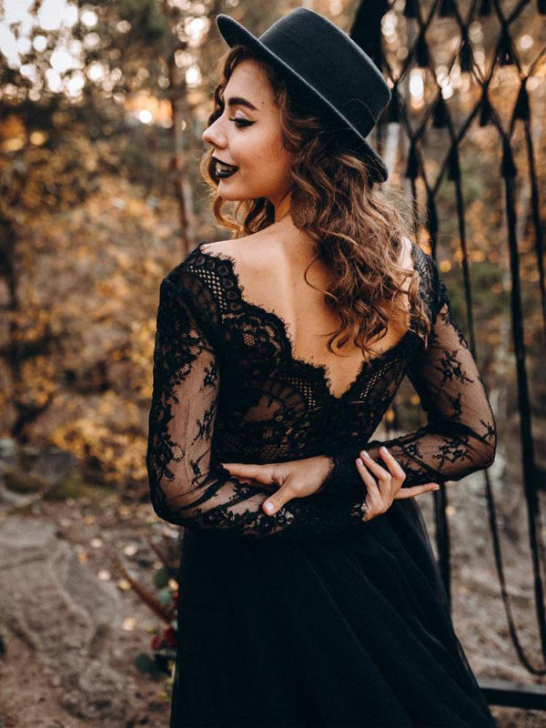 A-Line Designed Black Wedding Dresses Long Sleeves Tulle Lace Bridal Gown