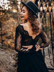 A-Line Designed Black Wedding Dresses Long Sleeves Tulle Lace Bridal Gown
